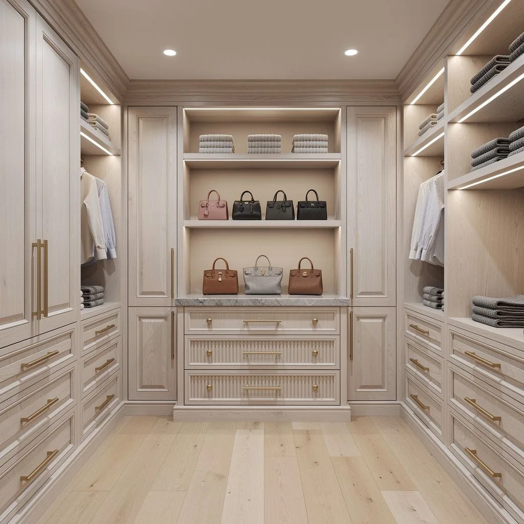 U-shaped white oak walk-in closet with beaded inset fronts, satin brass pulls, folded knits, shirts and handbags
