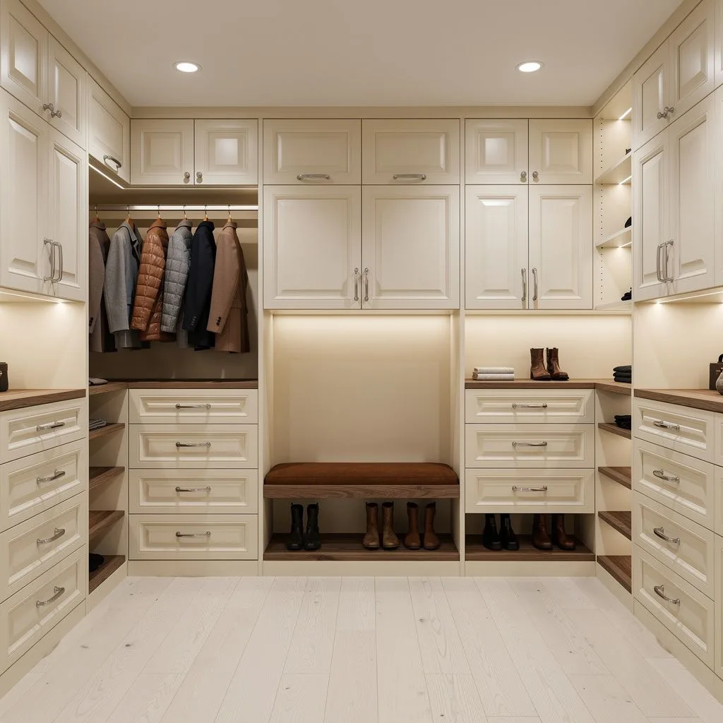 Large square walk-in closet in cream raised-panel cabinetry with a walnut bench, long-hang coats, drawers and boot shelves