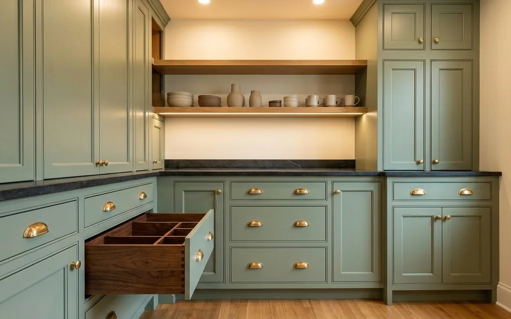 Sage green inset cabinets with beaded face frames, brass cup pulls, an open dovetailed drawer and a white oak shelf
