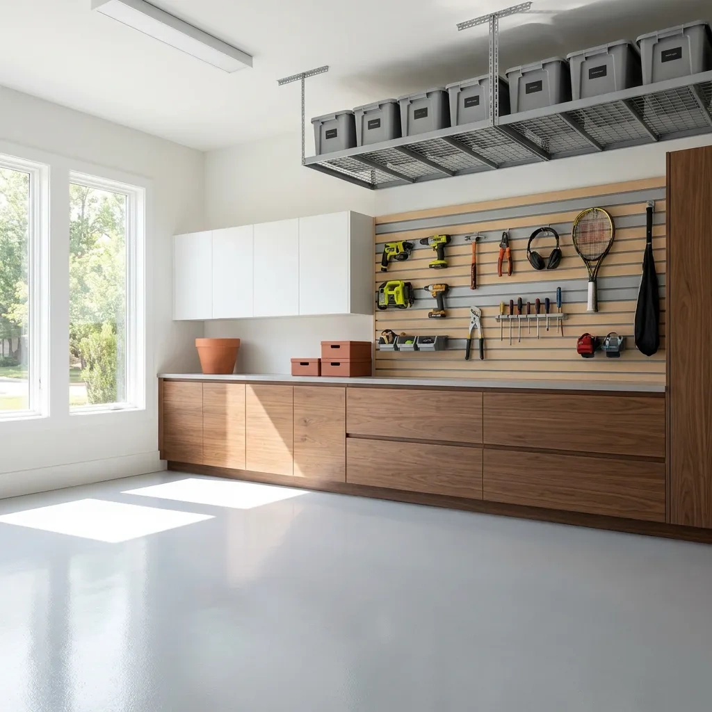 Custom garage storage system with cabinets and overhead racks