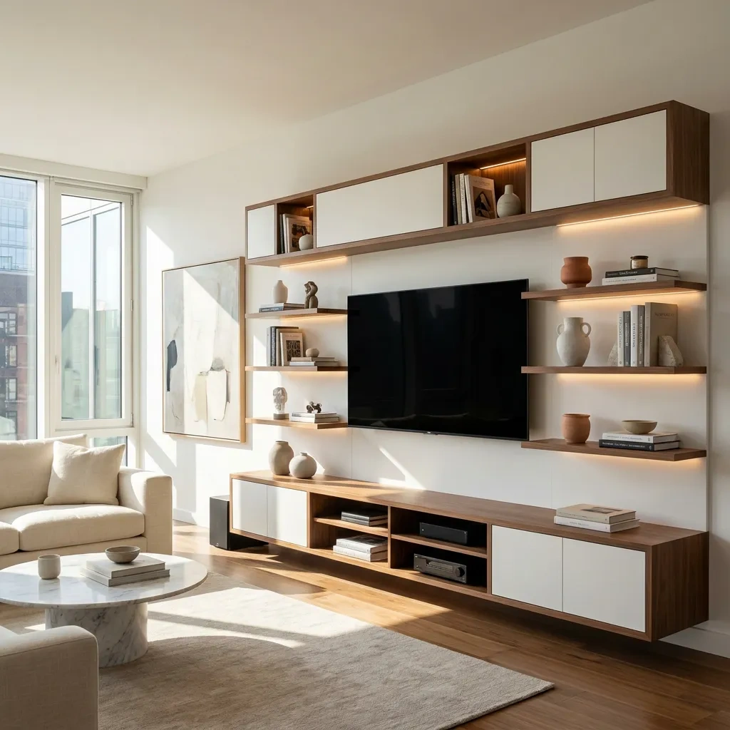 Custom built-in media center and wall unit around a mounted TV