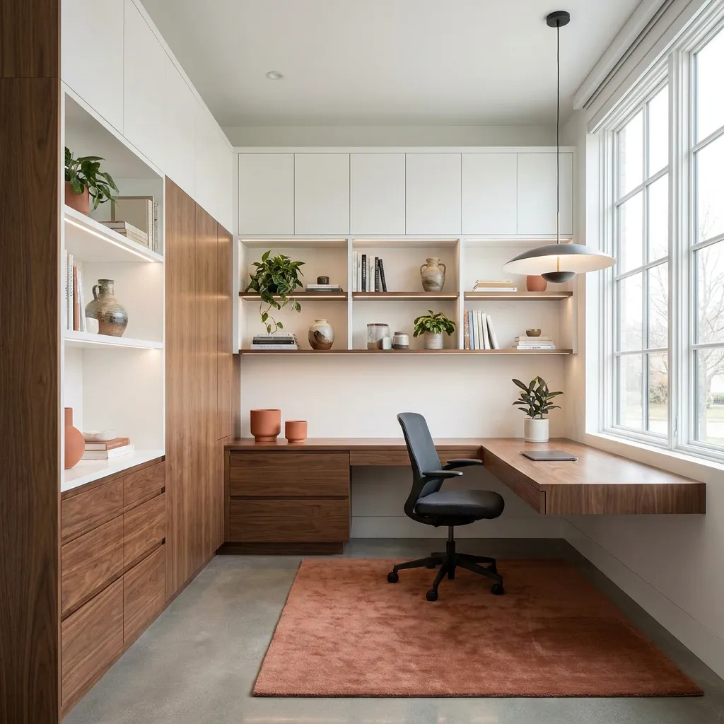 Custom home office with built-in cabinetry and floating desk