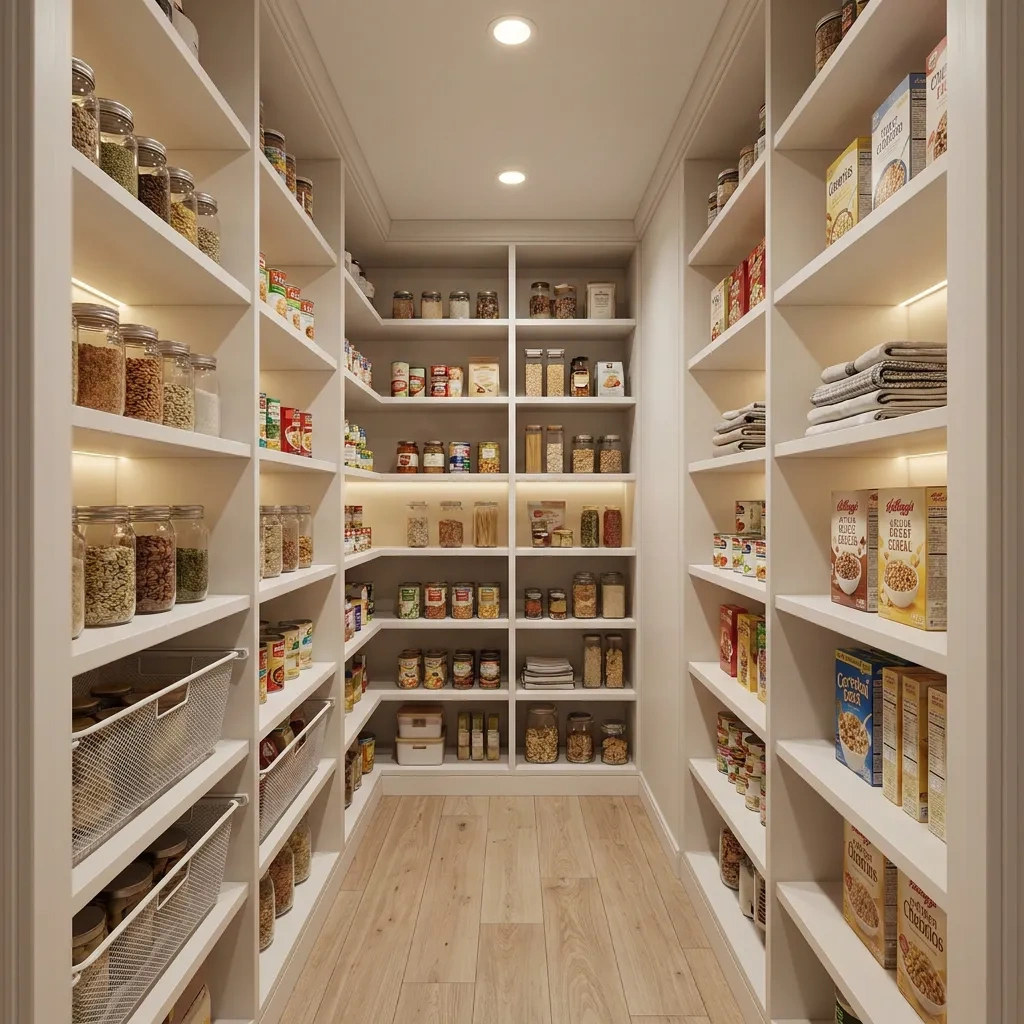 Custom kitchen pantry with adjustable shelving and pull-out drawers