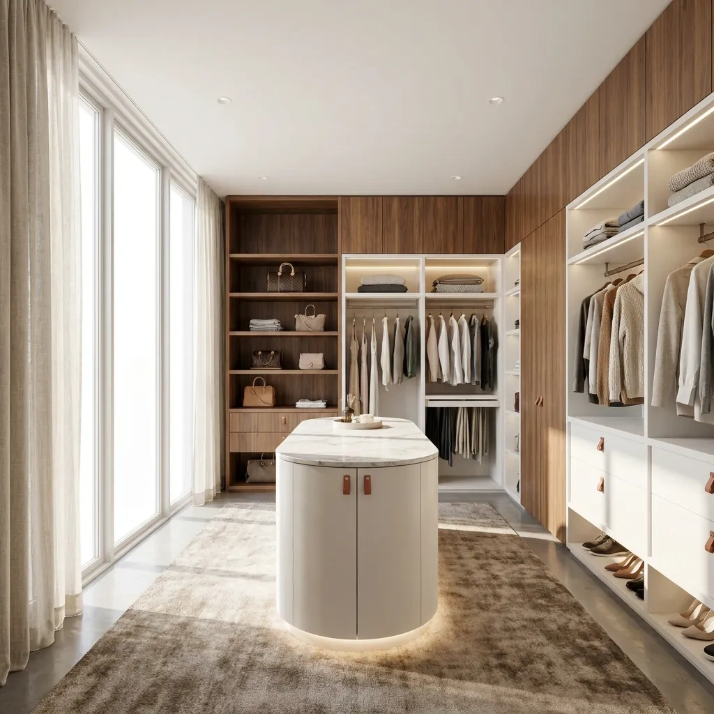 Luxury walk-in closet design idea with island and lighting